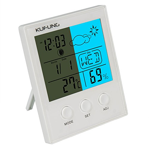 KUFUNG Backlight Hygrometer Thermometer  Digital Humidity Monitor Sensor with large LED display shows temperature date weather Humidity&alarm - B071NHNXHP